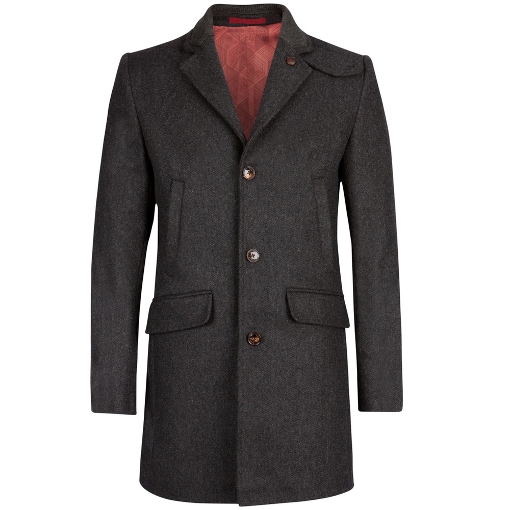 TED BAKER Mens Zainab Herringbone Weave Wool Blend Overcoat Jacket